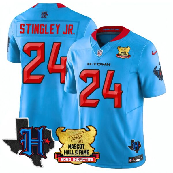 Houston Texans 2025 Mascot Hall Of Fame Jersey – All Stitched – Blue – Derek Stingley Jr. Jersey