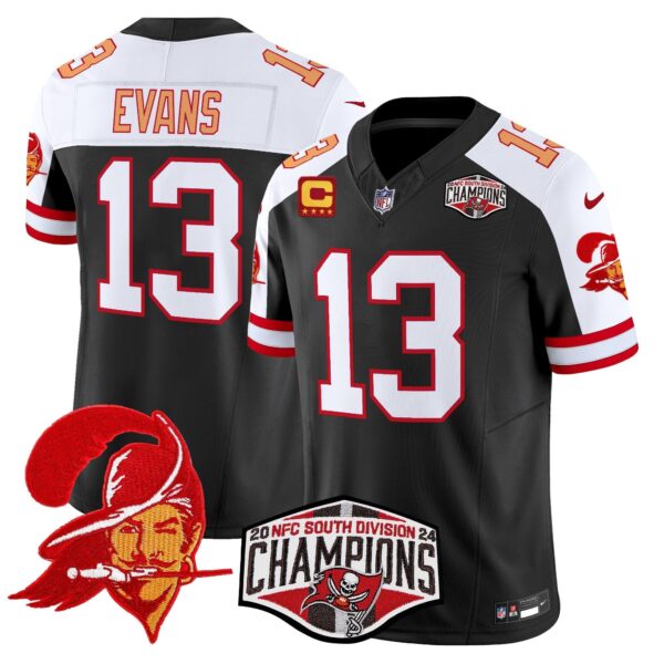 Tampa Bay Buccaneers Throwback 2024 NFC South Division Champions Patch Vapor Limited Jersey – All Stitched – Black Alternate – Mike Evans Jersey