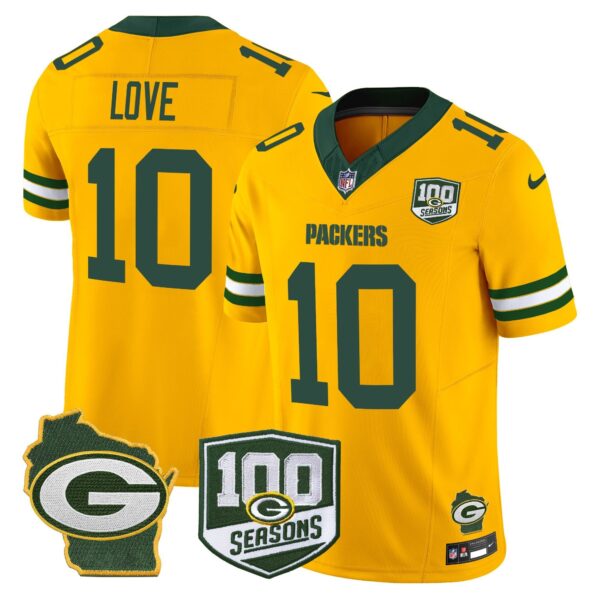 Green Bay Packers 100th Season & Home Patch Vapor Limited Jersey – All Stitched – Gold – Jordan Love Jersey