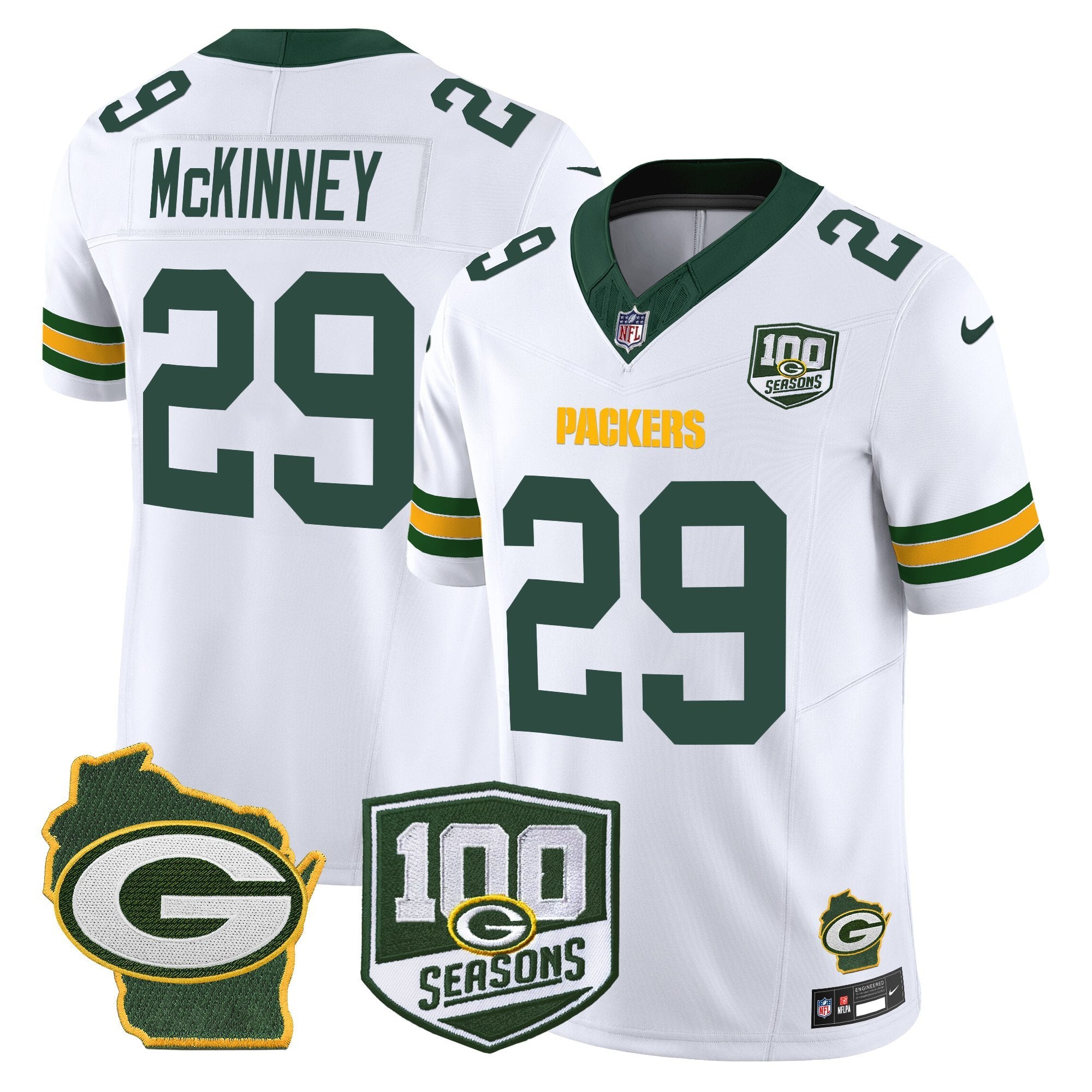 Green Bay Packers 100th Season & Home Patch Vapor Limited Jersey – All Stitched – White – Xavier McKinney Jersey