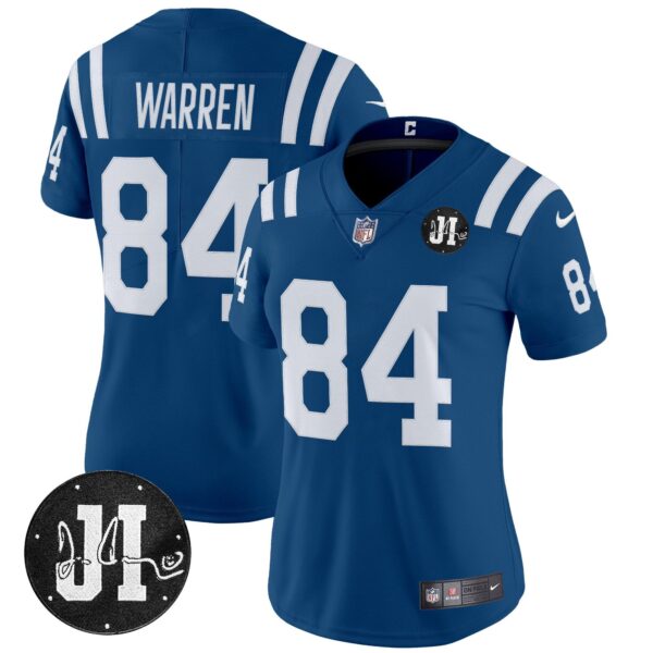 Women’s Indianapolis Colts 2025 Jim Irsay Patch Vapor Limited Jersey – All Stitched – Royal – Tyler Warren Jersey