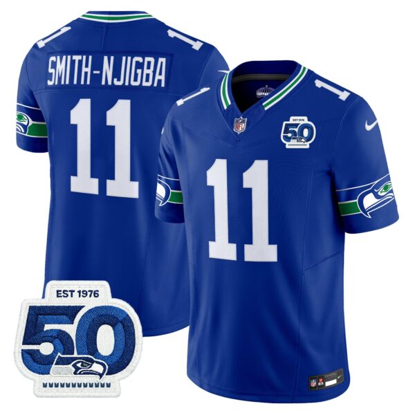 Seattle Seahawks Throwback Vapor Limited Jersey – 50th Anniversary Patch – All Stitched – Royal – Smith-Njigba Jersey