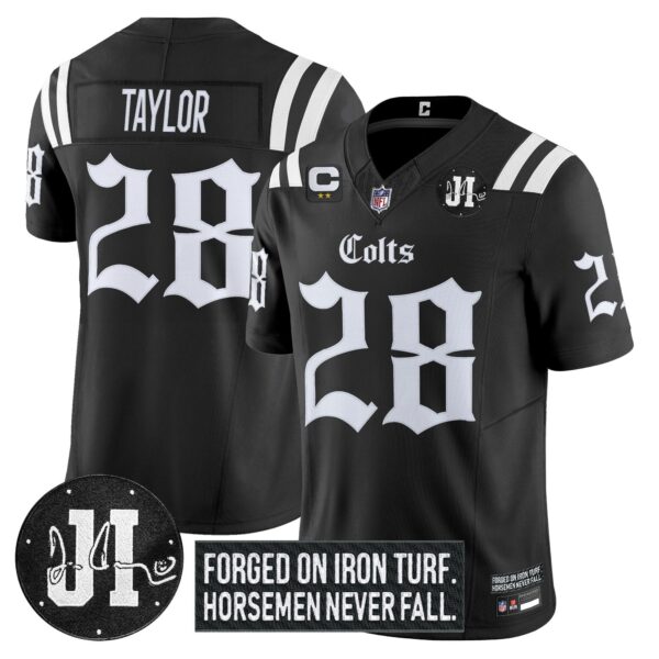 Indianapolis Colts 2025 ‘Gothic Iron Hoof Edition’ Vapor Limited Jersey – Jim Irsay Patch – All Stitched – Black – Jonathan Taylor Jersey