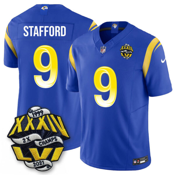 Los Angeles Rams 2-Time Champions Patch Vapor Limited Jersey – All Stitched – Royal – Matthew Stafford Jersey