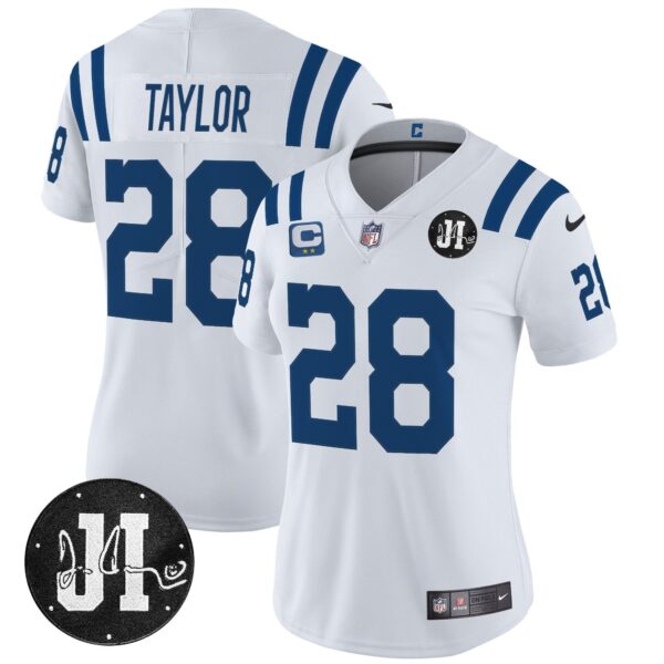 Women’s Indianapolis Colts 2025 Jim Irsay Patch Vapor Limited Jersey – All Stitched – White – Jonathan Taylor Jersey