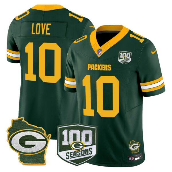 Green Bay Packers 100th Season & Home Patch Vapor Limited Jersey – All Stitched – Green – Jordan Love Jersey