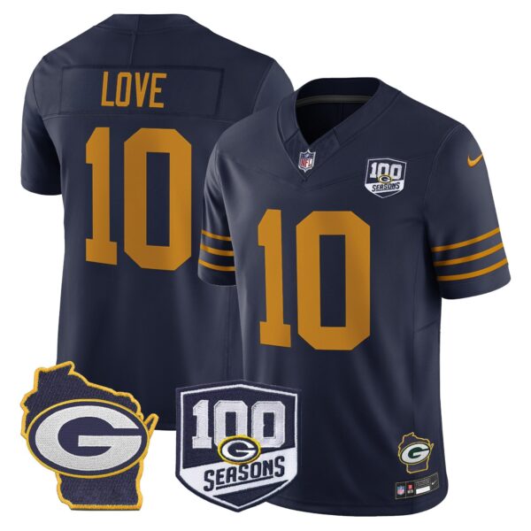 Green Bay Packers 100th Season & Home Patch Vapor Limited Jersey – All Stitched – Navy – Jordan Love Jersey