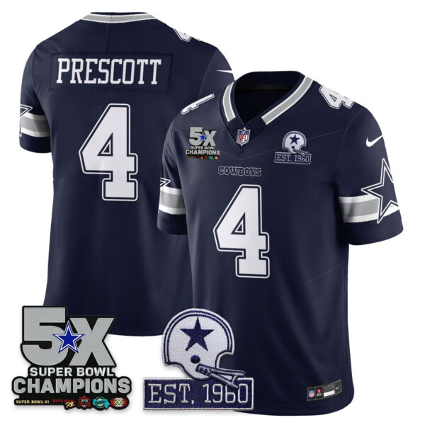 Dallas Cowboys 5-Time Champions Patch Vapor Limited Jersey – All Stitched – Navy – Dak Prescott Jersey