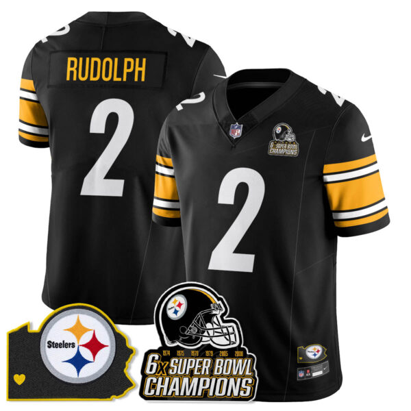 Pittsburgh Steelers 6-Time Champions Patch Vapor Limited Jersey – All Stitched – Black – Mason Rudolph Jersey
