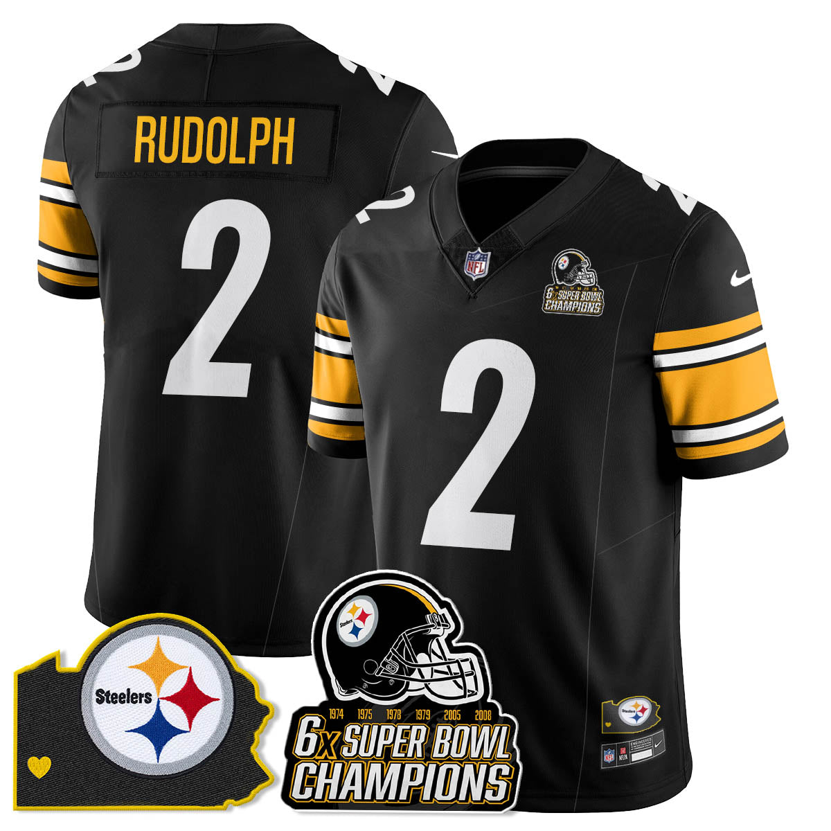 Pittsburgh Steelers 6-Time Champions Patch Vapor Limited Jersey – All Stitched – Black – Mason Rudolph Jersey