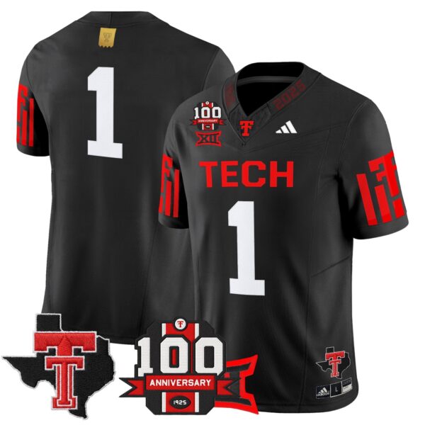Texas Tech Red Raiders 2025 Vapor Limited Jersey – 100th Anniversary & Texas Patch – All Stitched – Black – #1 Team Jersey