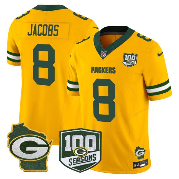 Green Bay Packers 100th Season & Home Patch Vapor Limited Jersey – All Stitched – Gold – Josh Jacobs Jersey