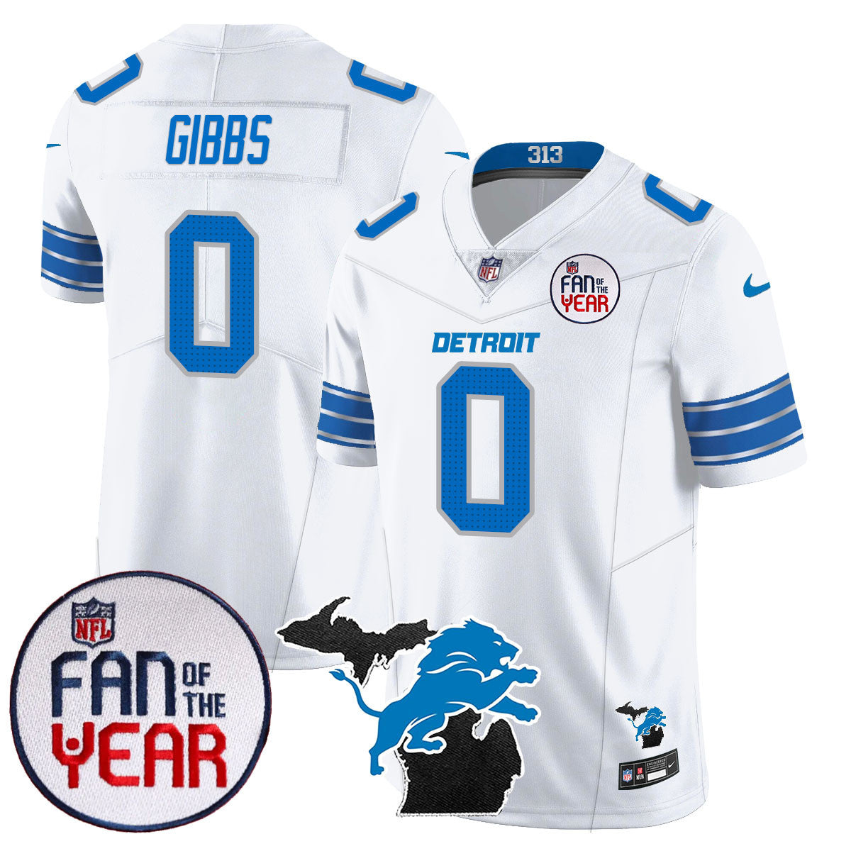 Detroit Lions Fan Of The Year Jersey – All Stitched – White – Jahmyr Gibbs – 0 Jersey