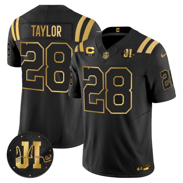 Indianapolis Colts 2025 Jim Irsay Patch Gold Vapor Limited Jersey – All Stitched – Black Gold – Jonathan Taylor Jersey