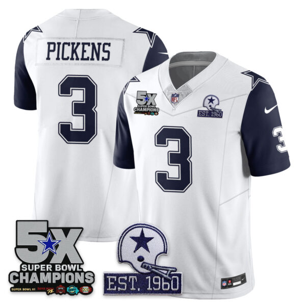 Dallas Cowboys 5-Time Champions Patch Vapor Limited Jersey – All Stitched – White – George Pickens Jersey