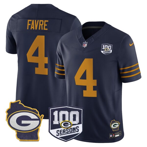 Green Bay Packers 100th Season & Home Patch Vapor Limited Jersey – All Stitched – Navy – Brett Favre Jersey