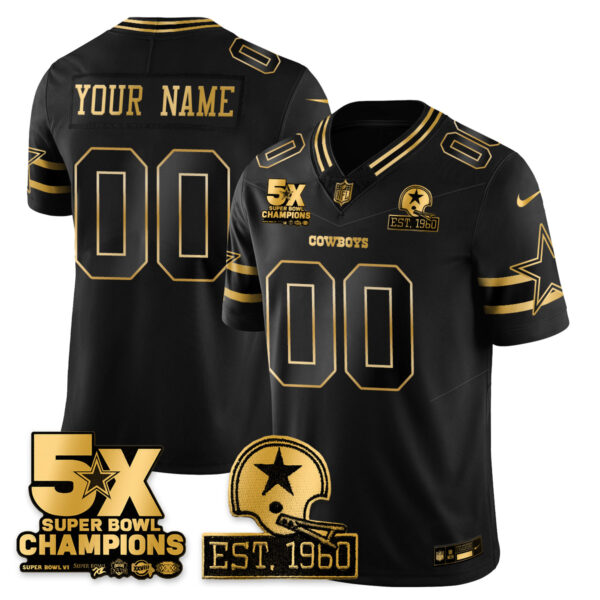 Dallas Cowboys 5-Time Champions Patch Vapor Limited Gold Custom Jersey – All Stitched – Black Gold Jersey