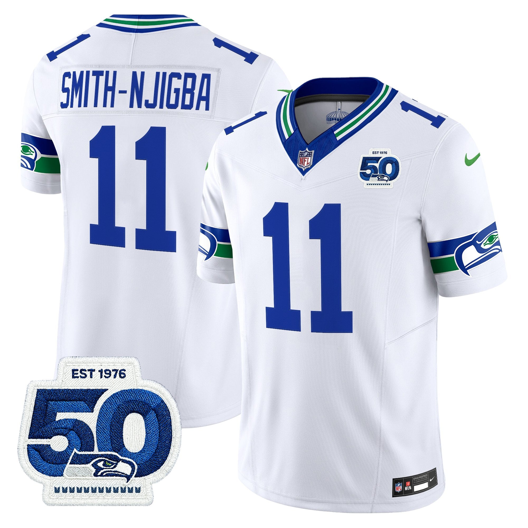 Seattle Seahawks Throwback Vapor Limited Jersey – 50th Anniversary Patch – All Stitched – White – Smith-Njigba Jersey