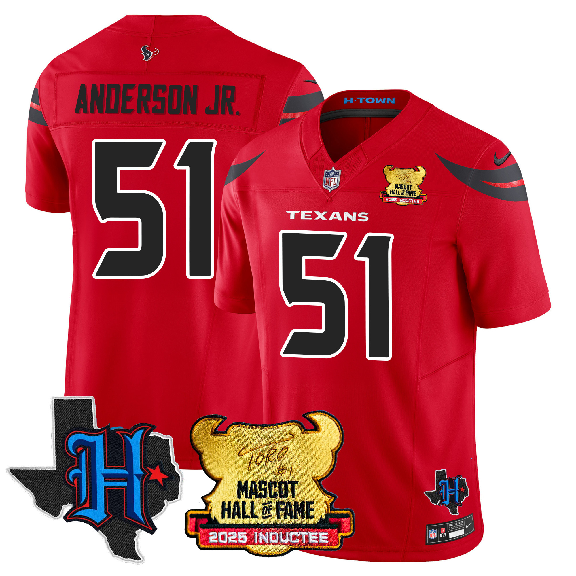 Men’s Houston Texans 2025 Mascot Hall Of Fame Jersey – All Stitched Red Will Anderson Jr. – 51 Jersey