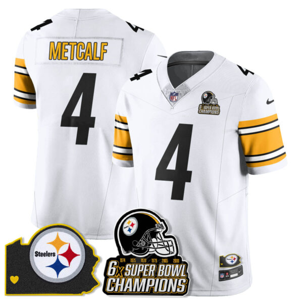 Pittsburgh Steelers 6-Time Champions Patch Vapor Limited Jersey – All Stitched – White – DK Metcalf Jersey
