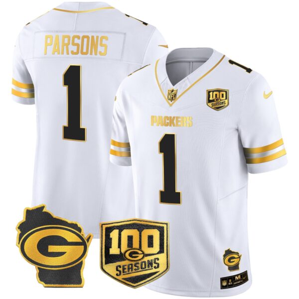 Green Bay Packers 100th Season & Home Patch Gold Vapor Limited Jersey ? All Stitched – White Gold – Micah Parsons Jersey