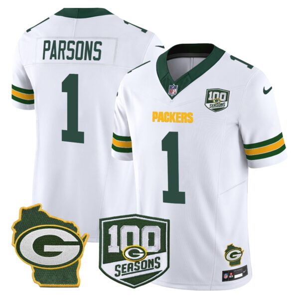 Green Bay Packers 100th Season & Home Patch Vapor Limited Jersey – All Stitched – White – Micah Parsons Jersey