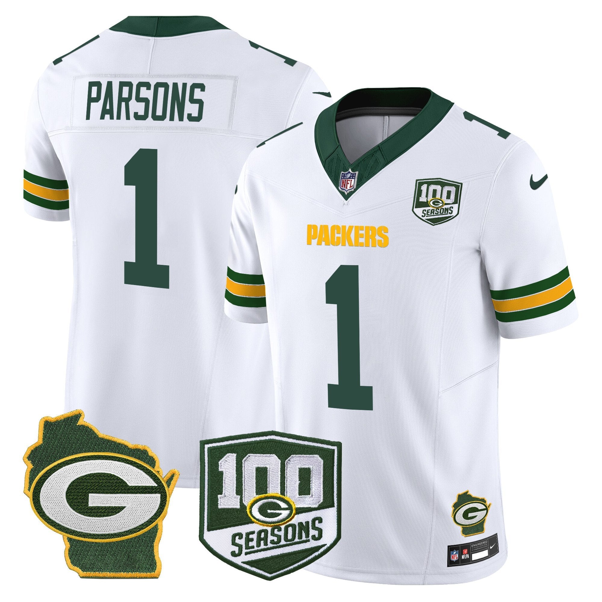 Green Bay Packers 100th Season & Home Patch Vapor Limited Jersey – All Stitched – White – Micah Parsons Jersey