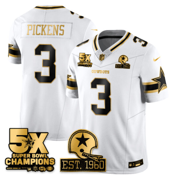 Dallas Cowboys 5-Time Champions Patch Vapor Limited Gold Jersey – All Stitched – White Gold – George Pickens Jersey