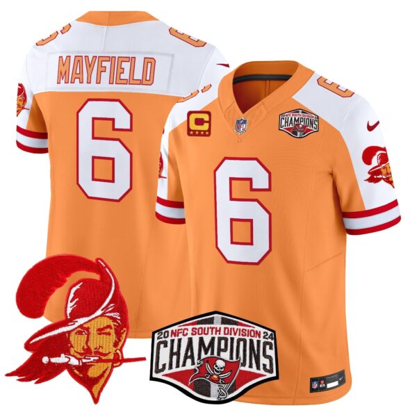 Tampa Bay Buccaneers Throwback 2024 NFC South Division Champions Patch Vapor Limited Jersey – All Stitched – Creamsicle Alternate – Baker Mayfield Jersey