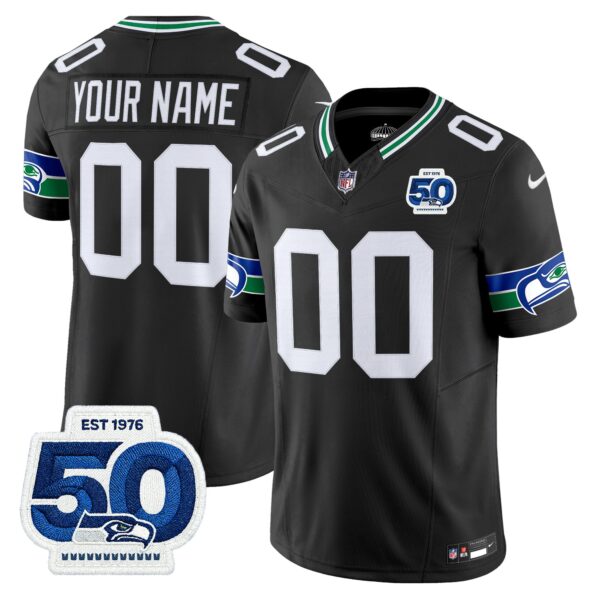 Seattle Seahawks Throwback Vapor Limited Custom Jersey – 50th Anniversary Patch – All Stitched – Black Jersey