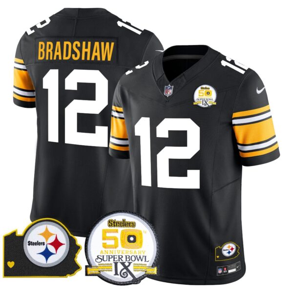 Steelers 50th Anniversary Of Super Bowl IX & Map Patch Vapor Limited Jersey – All Stitched – 1975 Throwback – Terry Bradshaw Jersey