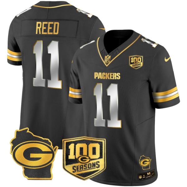 Green Bay Packers 100th Season & Home Patch Gold Vapor Limited Jersey ? All Stitched – Black Limited – Jayden Reed Jersey