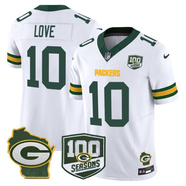 Green Bay Packers 100th Season & Home Patch Vapor Limited Jersey – All Stitched – White – Jordan Love Jersey
