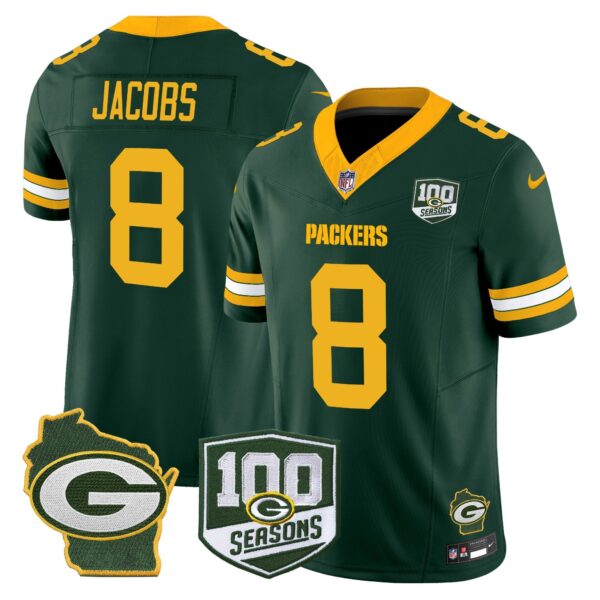 Green Bay Packers 100th Season & Home Patch Vapor Limited Jersey – All Stitched – Green – Josh Jacobs Jersey