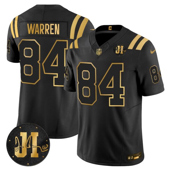 Indianapolis Colts 2025 Jim Irsay Patch Gold Vapor Limited Jersey – All Stitched – Black Gold – Tyler Warren Jersey