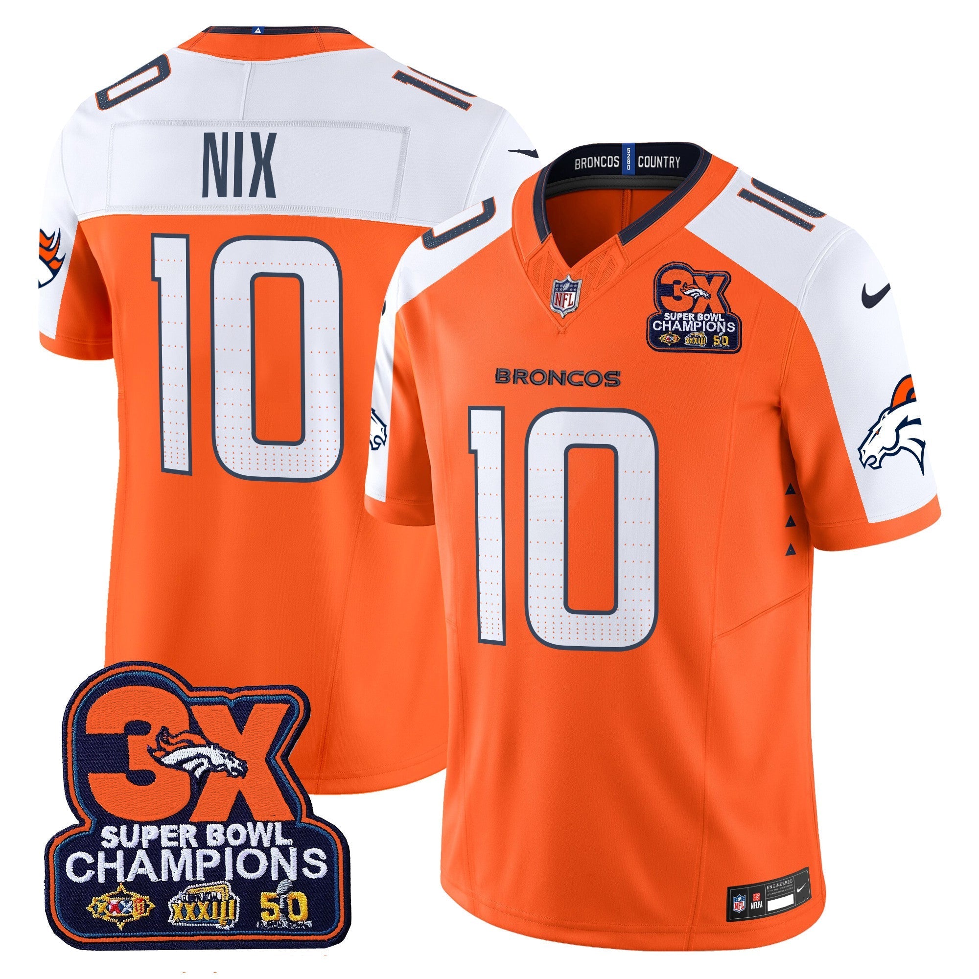 Denver Broncos 3-Time Champions Patch Vapor Limited Jersey – All Stitched – Orange Alternate – Bo Nix Jersey