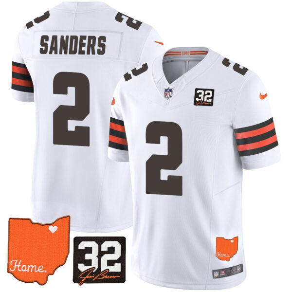 Men’s Browns #32 Jim Brown Memorial & Home Patch Vapor Limited Jersey – All Stitched White Shedeur Sanders Jersey