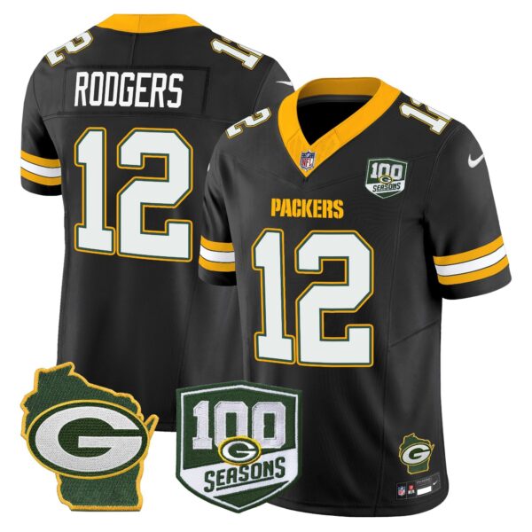 Green Bay Packers 100th Season & Home Patch Vapor Limited Jersey – All Stitched – Black – Aaron Rodgers Jersey