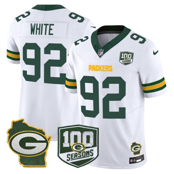 Green Bay Packers 100th Season & Home Patch Vapor Limited Jersey – All Stitched – White – Reggie White Jersey