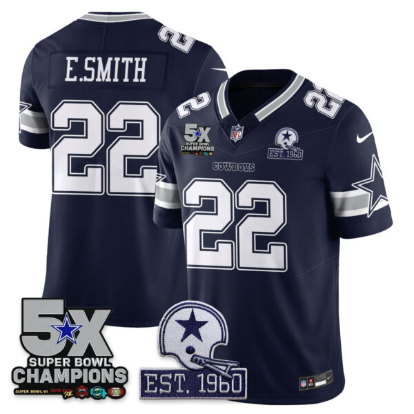 Dallas Cowboys 5-Time Champions Patch Vapor Limited Jersey – All Stitched – Navy – Emmitt Smith Jersey