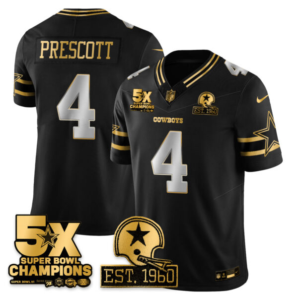 Dallas Cowboys 5-Time Champions Patch Vapor Limited Gold Jersey – All Stitched – Black Limited – Dak Prescott Jersey
