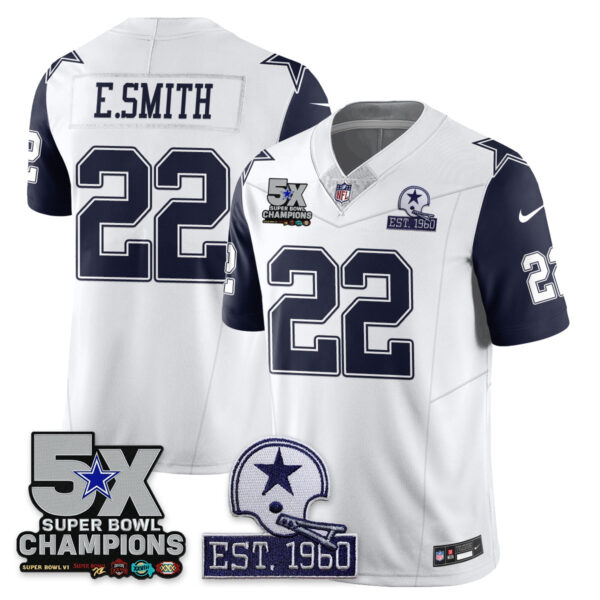 Dallas Cowboys 5-Time Champions Patch Vapor Limited Jersey – All Stitched – White – Emmitt Smith Jersey