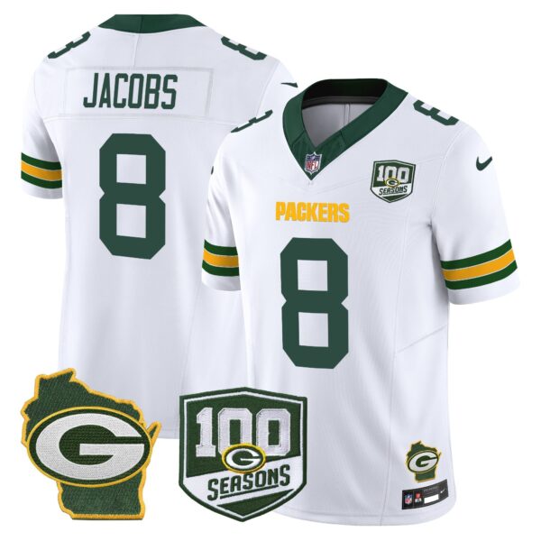 Green Bay Packers 100th Season & Home Patch Vapor Limited Jersey – All Stitched – White – Josh Jacobs Jersey