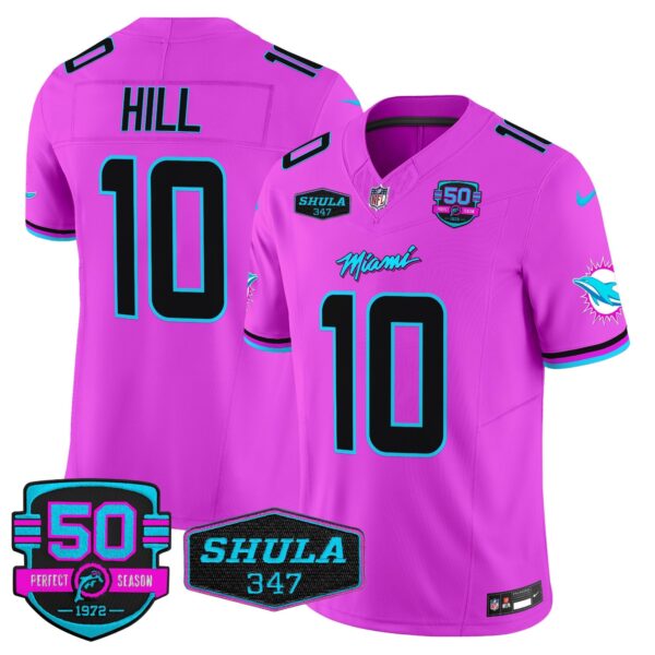 Dolphins “Miami Vice” Shula 347 & 50th Perfect Season Patch Vapor Limited Jersey – All Stitched – Pink – Tyreek Hill Jersey