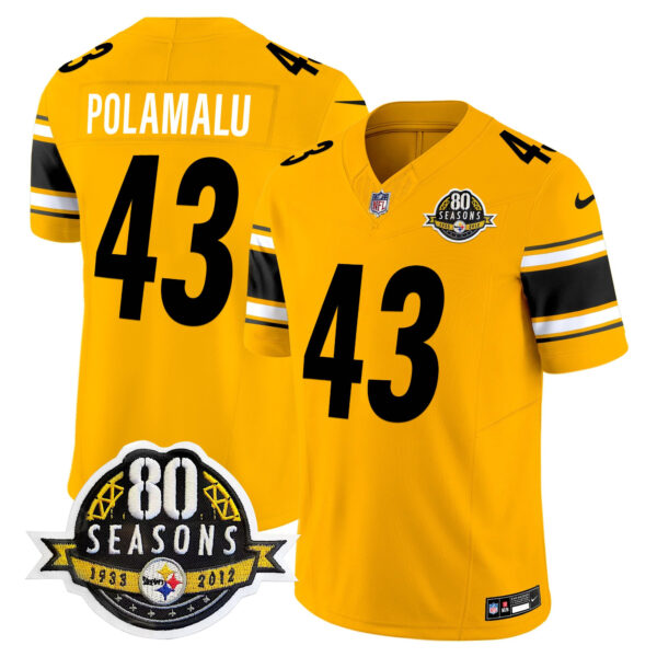Pittsburgh Steelers 80th Anniversary Patch Vapor Limited Jersey – All Stitched – Gold – Troy Polamalu Jersey