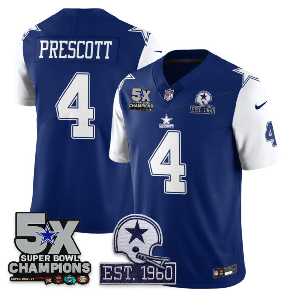 Dallas Cowboys 5-Time Champions Patch Vapor Limited Jersey – All Stitched – Throwback – Dak Prescott Jersey