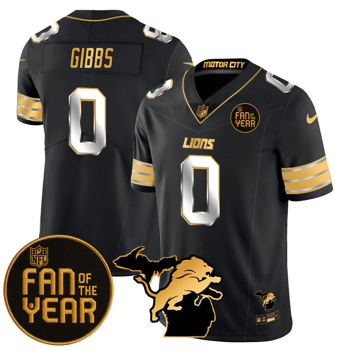 Detroit Lions Fan Of The Year Jersey – All Stitched – Black Gold – Jahmyr Gibbs – 0 Jersey