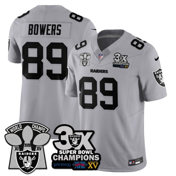 Las Vegas Raiders 3-Time Champions Patch Vapor Limited Jersey – All Stitched – Silver – Brock Bowers Jersey