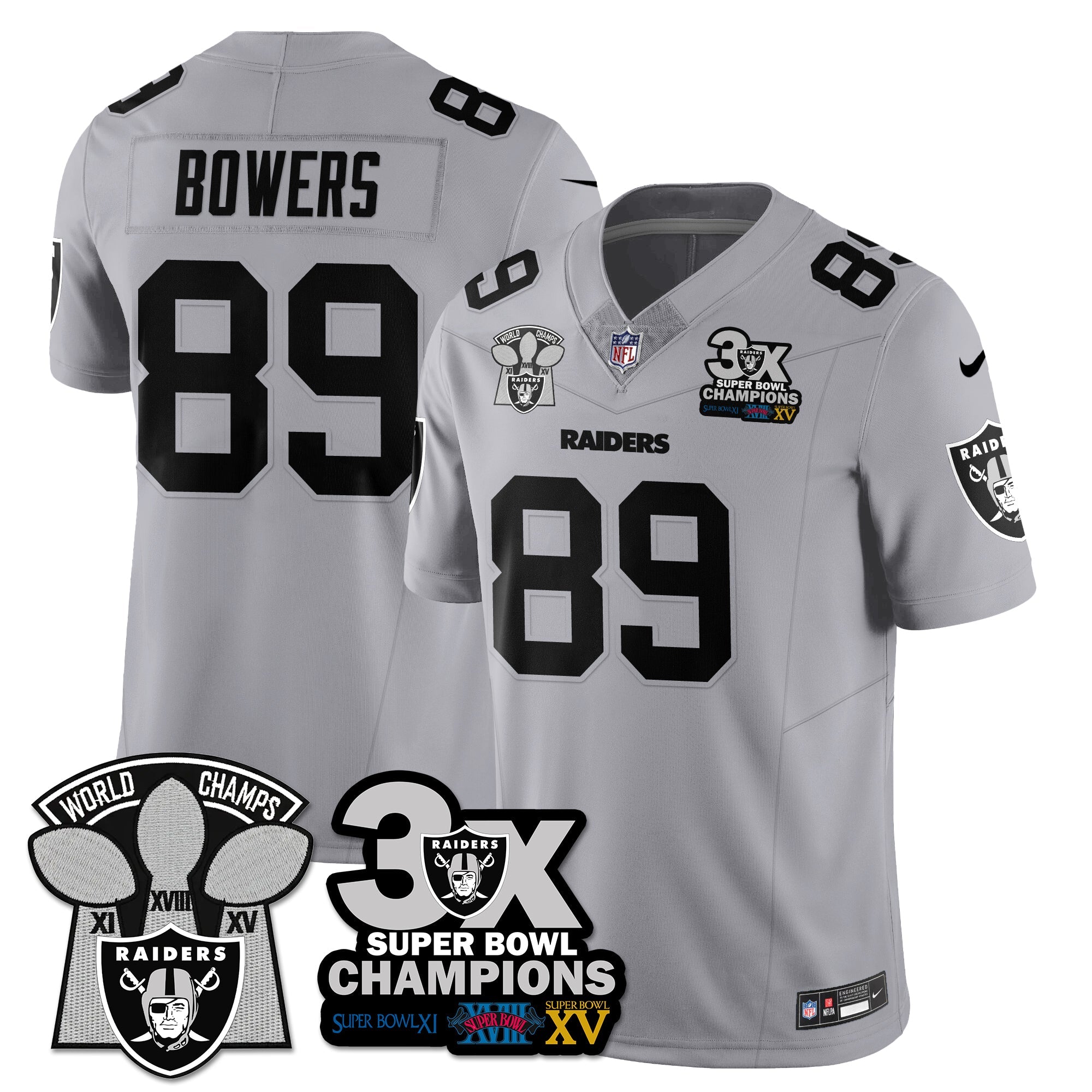 Las Vegas Raiders 3-Time Champions Patch Vapor Limited Jersey – All Stitched – Silver – Brock Bowers Jersey