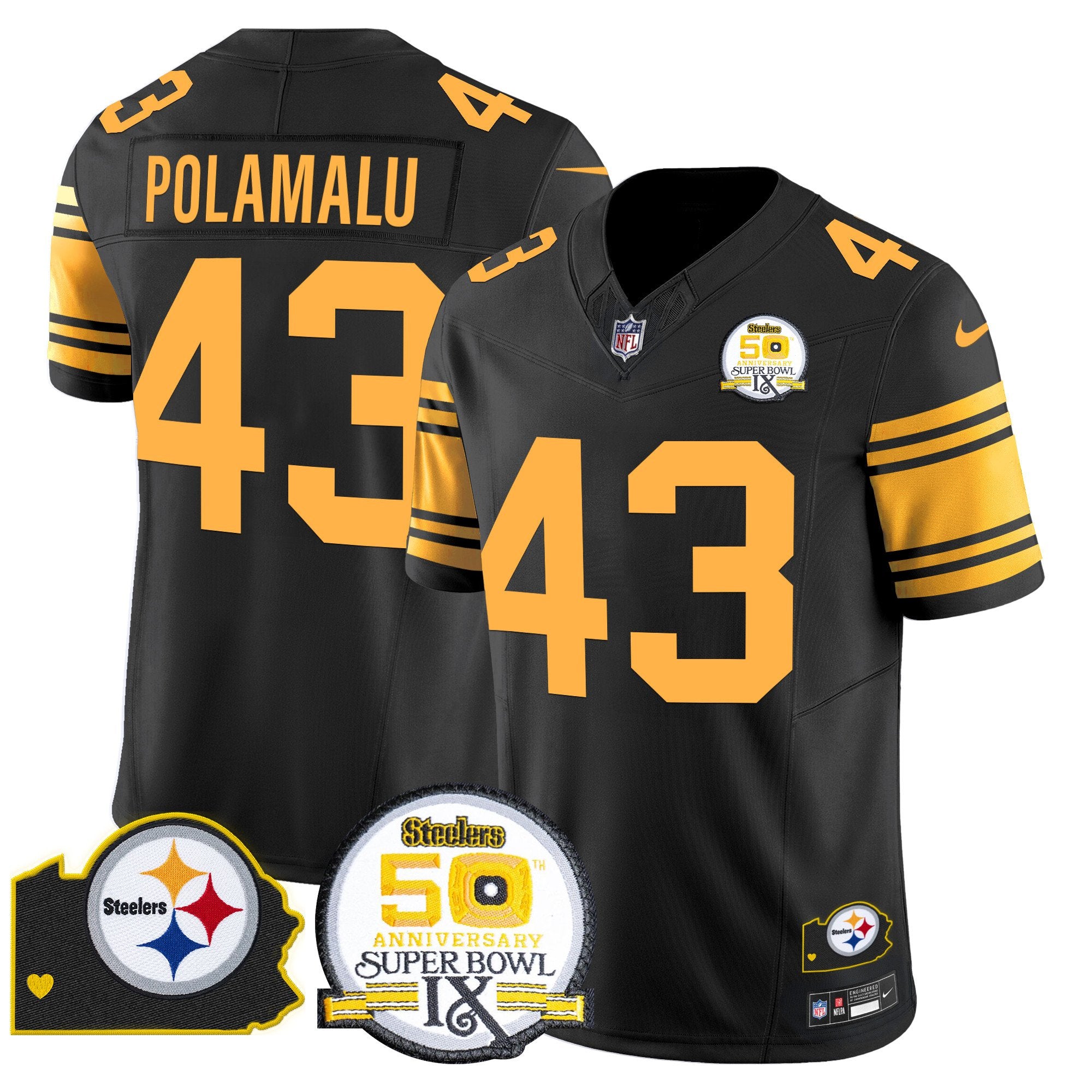 Steelers 50th Anniversary Of Super Bowl IX & Map Patch Vapor Limited Jersey – All Stitched – Color Rush – Troy Polamalu Jersey